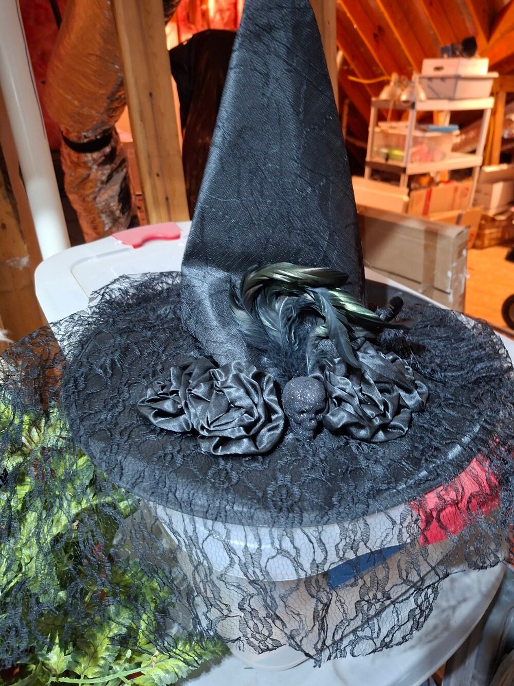 Witch's Cap Black Decorated Lace Black Halloween One Size